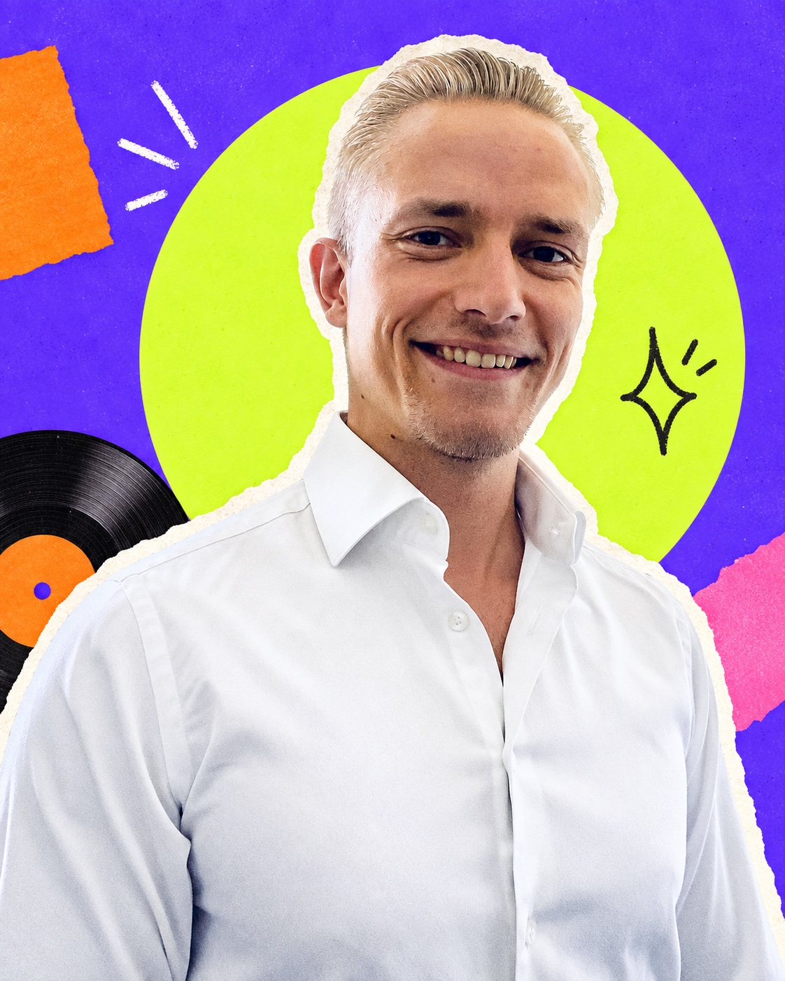 Alfe Sletved in a colourful portrait collage with a vinyl record